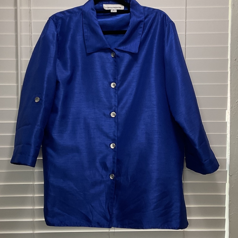 Vintage 80’s Caroline Rose Women's textured Royal Blue metal Button-Front Blouse